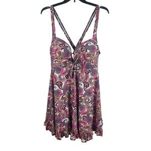 Paisley Two Piece Built In Wire Push Up Bra Dress & Bottom Swimsuit NWOT XXL